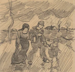 Pareja con niño en una calle bajo la lluvia. 1890