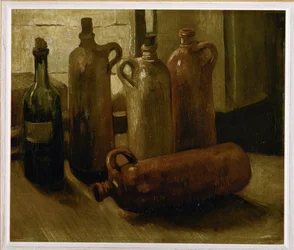 Bodegón con cinco botellas ... (óleo sobre lienzo)