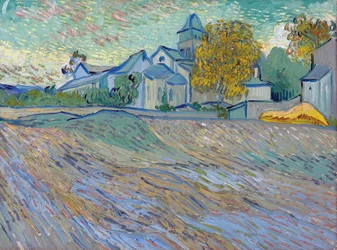 ""Vista del asilo y la capilla de Saint Remy"" (Vista del asilo y la capilla de Saint Remy) Paisaje en Saint Remy de Provence (Saint-Remy-de-Provence) Pintura de Vincent van Gogh (1853 -1890)