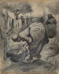 Mujer junto al lavabo, en un jardín