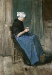 Joven mujer de Scheveningen tejiendo, mirando a la derecha, 1881