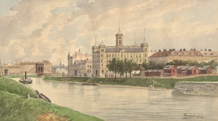 El Weissgärber Lände en Viena con el edificio del barco de vapor Danube