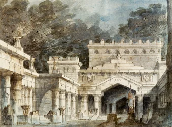 Escenografía de Francesco Bagnara para la quinta escena de Norma, ópera de Vincenzo Bellini (1801-1835), representada en el Teatro La Fenice de Venecia