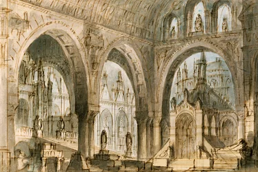 Escenografía de Francesco Bagnara para la cuarta escena de Capuleti y Montecchi, ópera de Vincenzo Bellini (1801-1835), representada en el Teatro La Fenice de Venecia.