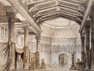 Escenografía de Francesco Bagnara para la segunda escena de Norma, ópera de Vincenzo Bellini (1801-1835), representada en el Teatro La Fenice de Venecia