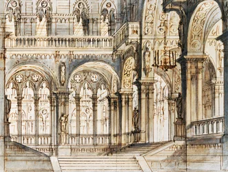 Escenografía de Francesco Bagnara para la tercera escena de Capuleti y Montecchi, ópera de Vincenzo Bellini (1801-1835), representada en el Teatro La Fenice de Venecia.