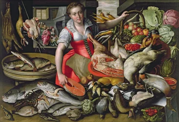 Marta preparando la comida para Jesús o Jesús en la casa de Marta y María