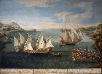 Batalla naval entre barcos venecianos de Marco Ivanovich Dobrota y barcos turcos frente a Patras el 17 de abril.