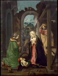 Nacimiento con Santa Catalina. Adoración del Niño Jesús con la Virgen, San José y Santa Catalina, c.1495 (óleo sobre tabla)