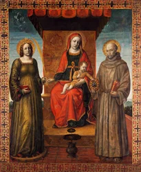 Madonna entronizada y Niño con los Santos Bernardino y Catalina de Alejandría, reverso del estandarte procesional de Orzinuovi, por Vincenzo Foppa (ca1427 - ca1515), pintura sobre lienzo