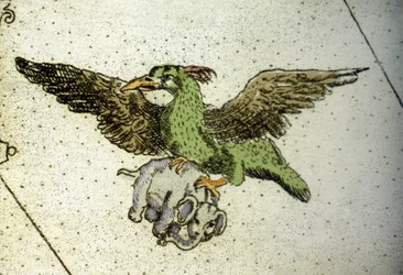 El pájaro gigante Rok llevando un elefante entre sus garras para dárselo a sus crías, detalle de un mapa mundial de Vincenzo Coronelli (1650-1718). Siglo XVII