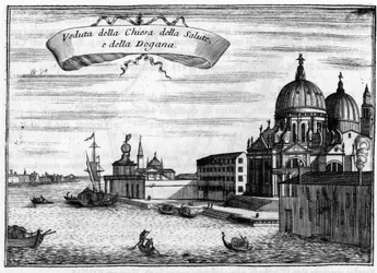 Venecia, Italia. La Iglesia de Santa Maria della Salute, diseñada por el arquitecto Baldassare Longhena, y la Aduana Marítima. En “Singularidades de Venecia” por Vincenzo Coronelli (1650-1718).