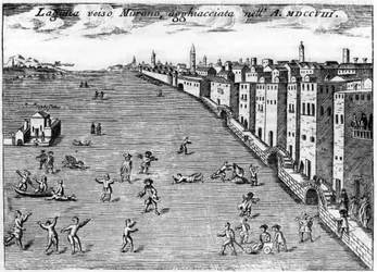 Venecia, Italia. La laguna hacia Murano congelada en 1708 en Singolarita di Venezia de Vincenzo Coronelli (1650-1718)