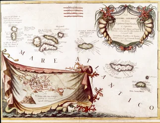 Vista del archipiélago de las Islas Azores en el Océano Atlántico (grabado)