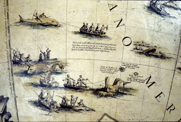 Caza de ballenas en el Pacífico. Detalle de un globo de Coronelli del siglo XVII