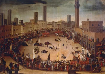 Caza de toros en la Piazza del Campo en 1546, circa 1585, pintura de Vincenzo Rustici (1556-1632)