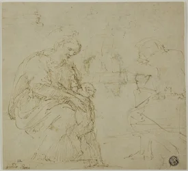 Bocetos de la Virgen y el Niño, figura sentada y paisaje