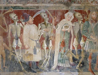 Cerca de Pazin, reina y mercader acompañados por la Muerte, Danza de la Muerte (1474), detalle, fresco en la iglesia del cementerio de Santa María de la Roca, de Vincenzo da Castua, Beram, Istria, Croacia