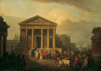 Acto sacrificial frente a un templo romano