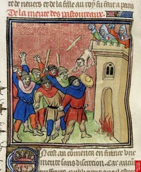 (detalle) de una miniatura de la Tercera Cruzada de Pastoureaux. Judíos arrojando a sus hijos desde una torre, después de 1380