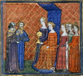 El rey Salomón recibiendo a la reina de Saba de la Biblia historiale de Guiart des Moulins