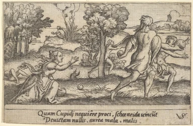 Atalanta e Hipómenes, en primer plano Atalanta arrodillada para recoger una manzana, ca. 1535-62