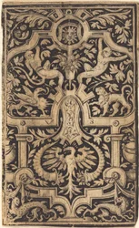 Ornamento de follaje y correas en fondo oscuro con monos y otros animales
