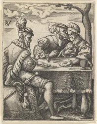 Dos hombres y una mujer jugando a las cartas en una mesa, un hombre presionando su nariz hacia..., ca. 1535-62