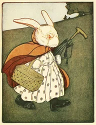 Entonces la vieja Sra. Conejo .atravesó el bosque hasta llegar a la panadería, de El cuento de Pedro Conejo, pub. 1916 (litografía en color)