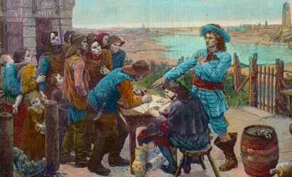 El corsario francés Jean Bart con pescadores en Dunkerque - El corsario Jean Bart (1650-1702) con los pescadores de Dunkerque - Grabado del cuadro de Virginie Demont-Breton destruido durante la Segunda Guerra Mundial.
