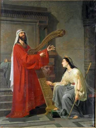 David y Micol El rey David tocando el arpa. Pintura de Virginio Grana (ca. 1830-1888) Siglo XIX Sol. 243x182 cm Genes, Accademia Ligustica di Belle Arti, inv. 468