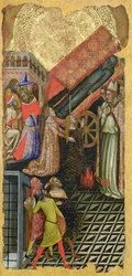 Curación de la hija del emperador Constantino, El funeral de San Antonio (arriba); La hija del emperador Constantino poseída por el demonio (abajo)