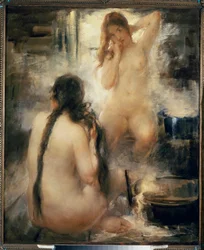 Dans un bain de vapeur (sauna) - En un baño de vapor - Dos jóvenes desnudas peinándose y disfrutando de los beneficios del termalismo tradicional ruso - Pintura de Vitali Gavrilovich Tikhov (1876-1939), óleo sobre lienzo, principios del siglo XX - Arte rus