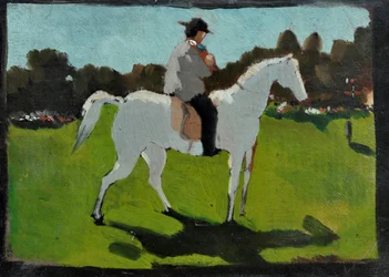 Caballo blanco con jinete (óleo sobre papel sobre tabla)