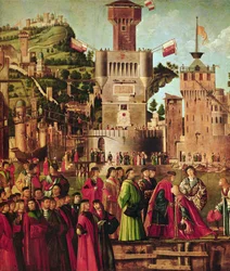 Reunión de Etherius y Ursula y la partida de los peregrinos, del ciclo de Santa Úrsula, c.1490-96 (detalle)