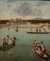 Caza en la laguna (anverso); Estante de cartas (reverso), c.1490-1495 (Óleo sobre tabla)