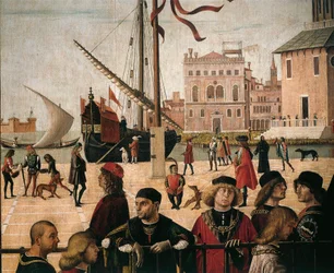Italia, Venecia, Escenas de la vida de Santa Úrsula (de la Leyenda Dorada por Jacobus de Voragine) Llegada de los embajadores ingleses (detalle del puerto)