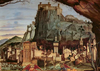 Sacre conversazione, detalle de la ciudad y el castillo en el fondo (detalle)