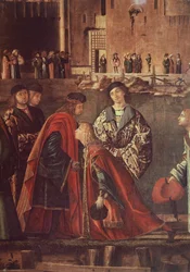 Historias de Santa Úrsula, Encuentro de Eterio y Úrsula y Salida de los peregrinos, Ereo despidiéndose de su padre, de Vittore Carpaccio (h. 1465- h. 1526), temple sobre lienzo, 280x611 cm