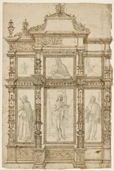Estudio para un retablo con seis imágenes en una estructura ornamentada de marcos. Arriba: La estigmatización de San Francisco, Madonna y Niño, San Jerónimo en el desierto; abajo: San Lorenzo, San Sebastián y San Roque