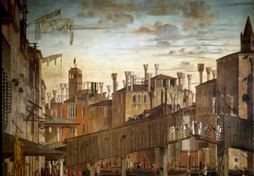 El Milagro de la Reliquia de la Santa Cruz en el Puente de Rialto en Venecia (detalle)