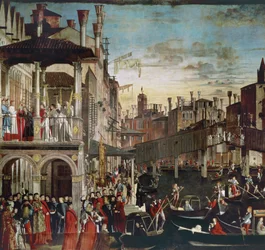 El milagro de la reliquia de la verdadera cruz en el puente de Rialto, 1496