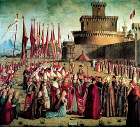 Los peregrinos son recibidos por el Papa Ciriaco frente a las murallas de Roma La leyenda de Santa Úrsula, 1497
