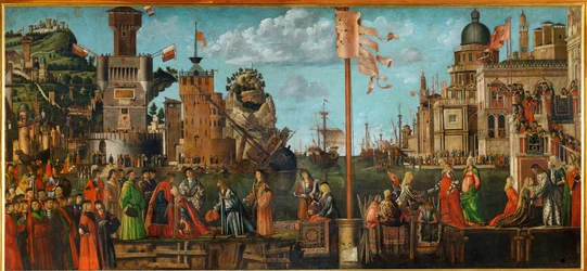 El encuentro de Ursula y su prometido Ereo;salida de los peregrinos ... (pintura sobre lienzo)