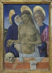 Cristo compadecido con la Virgen y San Juan Evangelista, c.1490-1500 (óleo sobre tabla)