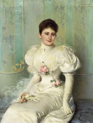 Retrato de una dama, sentada tres cuartos de longitud, con un vestido blanco