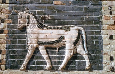 Toro, ladrillos vidriados, Puerta de Ishtar, Babilonia, Irak