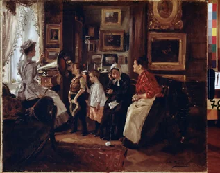 Au gramófono. (En el Gramófono). Pintura de Vladimir Yegorovich Makovski (Makovsky, Makovskij) (1846-1920), huile sur toile