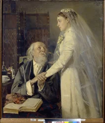 Antes del matrimonio. Despedida (Antes de la Boda. Despedida). Escena llena de ironía donde un anciano rodeado de frascos de medicinas, con un libro abierto sobre las rodillas, con sus gafas y su pañuelo, coge con ternura la mano de una joven que lleva su 