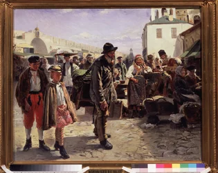 El organillo (The Organ Grinder). El músico ambulante sostiene su instrumento a la espalda, lo acompañan dos niños muy elegantes, llegan a la plaza del mercado de una ciudad donde los mercaderes los miran fijamente. Pintura de Vladimir Yegorovi